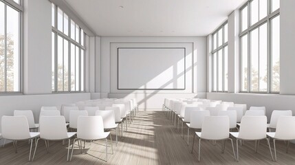 Poster - Modern White Classroom Interior with Rows of Chairs and Large Screen