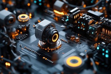 Poster - Futuristic mechanical landscape featuring intricate details of digital components illuminated by vibrant orange lights