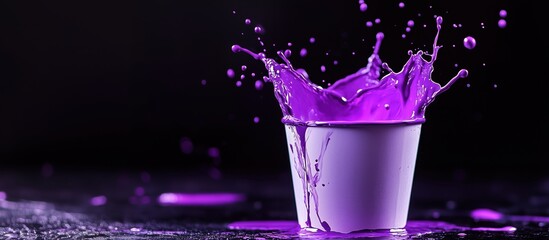 Poster - Purple paint splash from white cup on dark background creating vibrant artistic effect