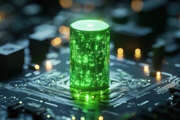 Poster - Glowing green cylindrical structure on circuit board illuminated in a dark setting showcasing intricate electronic components and vibrant neon lights