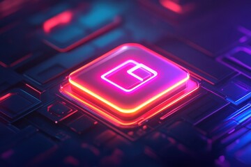 Poster - Glowing neon lock symbol emitting vibrant colors against a futuristic digital backdrop, exemplifying advanced technology and cybersecurity concepts