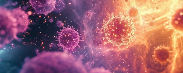 Poster - Colorful microscopic view of viruses in a vibrant cosmic environment