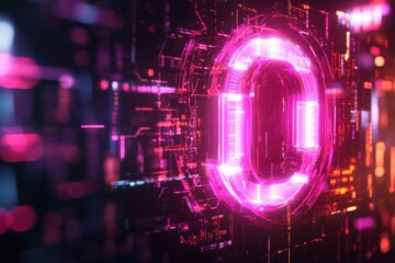 Poster - Glowing neon lock symbol illuminating a futuristic digital landscape at night with vibrant lights and intricate patterns in a modern cyber environment