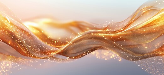 Poster - golden flowing waves with sparkling particles creating a dreamy abstract background