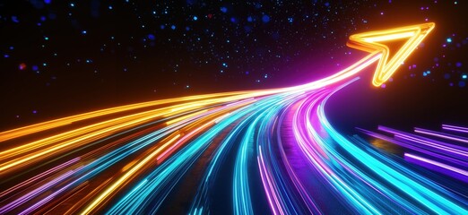 Poster - dynamic neon arrow with colorful light trails representing progress and direction