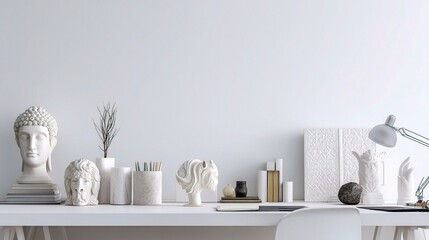Poster - minimalist white office decor with sculptural elements and accessories