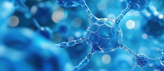 Poster - Blue molecular structure with interconnected cells and blurred background