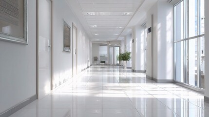 Poster - Bright and Spacious Hallway in Modern White-Themed Office Space