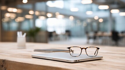 Poster - Modern Workspace with Laptop and Eyeglasses on Wooden Desk