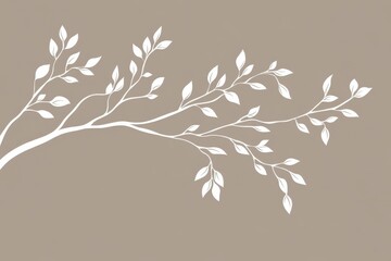 Poster - Elegant white line drawing of a tree branch with delicate leaves against a light brown background for a serene decor ambiance
