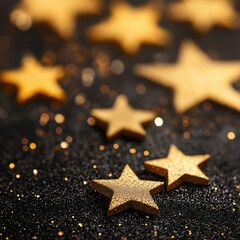 Poster - Golden stars on black glitter background creating festive and celebratory atmosphere