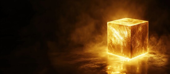 Poster - Glowing golden cube illuminated by soft light in dark smoky environment