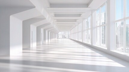 Poster - modern white open plan office corridor with abundant natural light