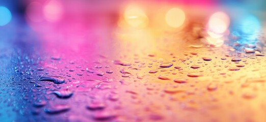 Poster - Colorful water droplets on reflective surface with vibrant bokeh background