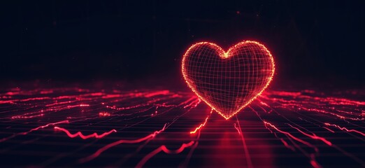 Poster - 3D glowing heart shape with digital grid and vibrant red lines in dark background