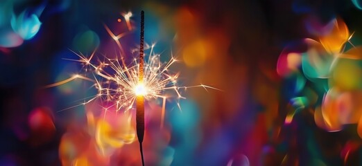 Poster - Sparkler glowing brightly against colorful bokeh background for celebrations and festivities