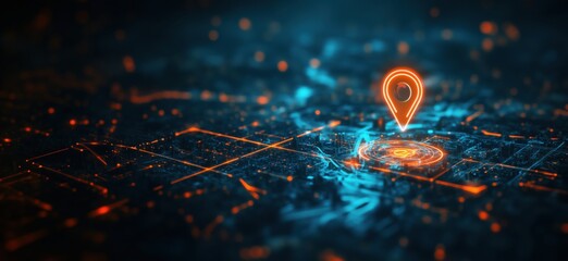 Poster - Digital map with glowing location pin and futuristic cityscape background