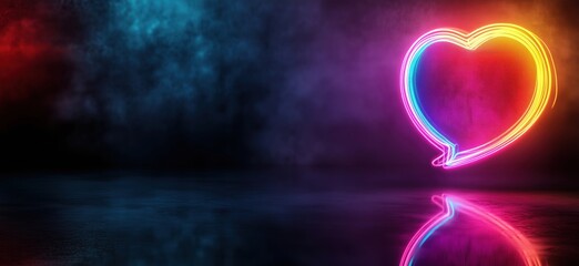 Poster - Neon heart shape glowing against colorful smoky background with reflection