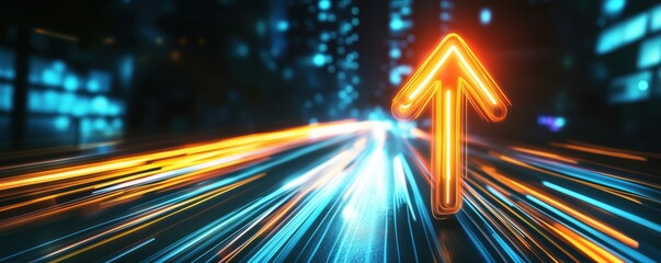 Poster - Dynamic light trails with glowing upward arrow symbolizing progress and direction