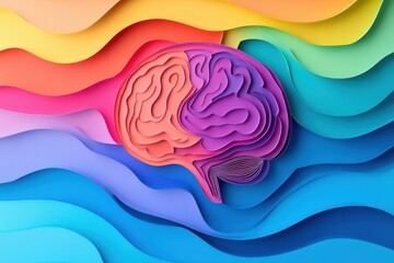 Poster - Abstract brain art showcases creative design with vibrant colors and layered paper textures representing thoughts and imagination in a dynamic visual expression
