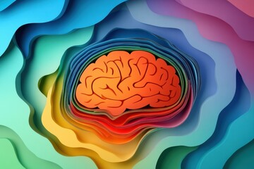 Poster - Vibrant abstract design showcasing a stylized brain surrounded by colorful layered patterns representing creativity and imagination