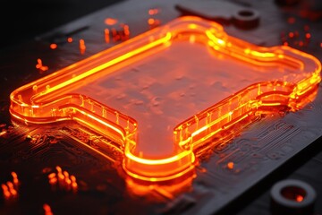 Poster - Intricate design of glowing neon circuit board captured in an abstract closeup showcasing vibrant orange illumination and detailed textures