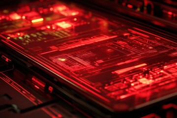 Poster - Futuristic closeup of a glowing abstract circuit board with intricate patterns and a striking red color palette showcasing advanced technology