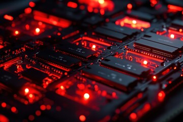 Poster - Closeup view of an abstract futuristic circuit board illuminated by vibrant red lights showcasing intricate designs and technology elements in a modern digital setting