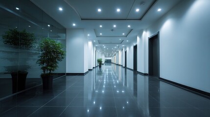 Poster - modern office corridor with bright lighting and minimalist design