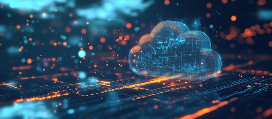 Poster - Digital cloud computing concept with glowing data connections and abstract technology background