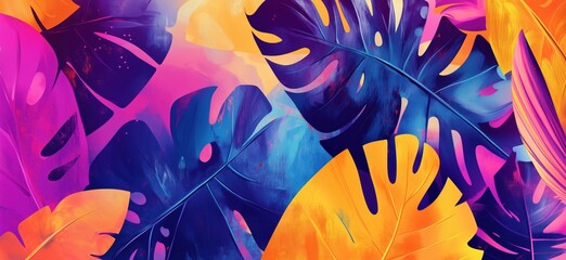 Poster - Vibrant tropical leaves in bold colors creating a lively abstract background