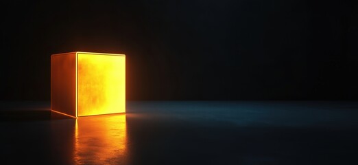 Poster - Illuminated orange cube in dark environment with reflective surface and dramatic lighting