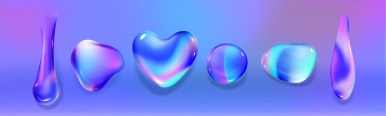 Poster - Holographic drops set - colorful fluid blobs with glossy reflections, iridescent gradient colors from pink to purple and teal. Futuristic abstract shapes collection for trendy design projects.