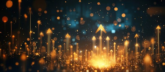 Poster - Golden arrows rising in a dynamic abstract background with glowing particles and lights