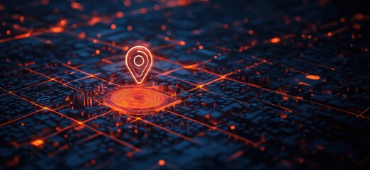 Poster - 3D city map with glowing location pin and network connections in dark blue and orange tones