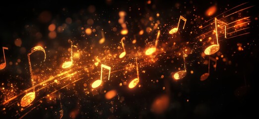 Poster - musical notes glowing in vibrant orange light with sparkling effects