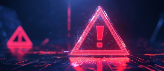 Poster - Red warning sign with exclamation mark glowing in dark digital environment