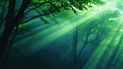 Wall Mural - serene forest scene with sunlight streaming through trees, creating a tranquil atmosphere