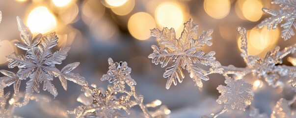 Poster - Intricate snowflakes glistening against a warm bokeh background in winter