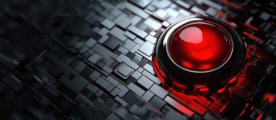 Fototapete - Red glossy button on abstract black geometric background with metallic textures