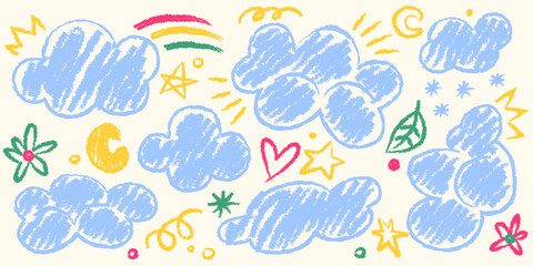 Poster - crayon doodle style clouds with rainbow and stars, hearts and flowers illustration. childlike drawin