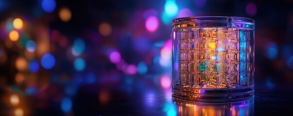 Poster - colorful illuminated glass cube with vibrant bokeh background and reflections