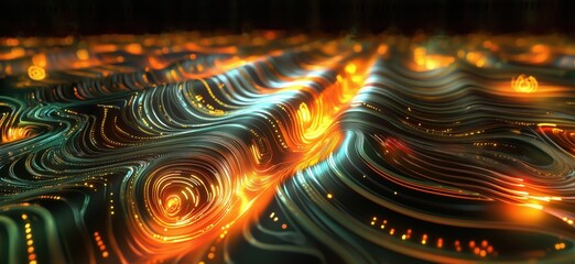 Poster - Abstract glowing waves with vibrant colors and intricate patterns in digital landscape