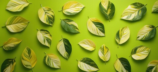 Poster - Colorful arrangement of variegated leaves on vibrant green background