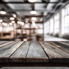 Poster - Minimalist Wood Desk in Industrial Loft Office with Blurry Background