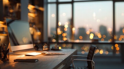 Poster - Cozy Workspace with Panoramic Windows and Defocused Background