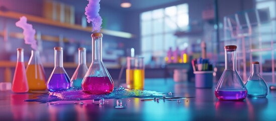 Poster - Colorful laboratory scene with glass flasks and vibrant chemical reactions