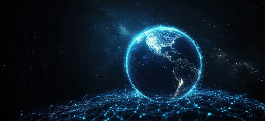 Poster - Digital representation of Earth with glowing network connections in space
