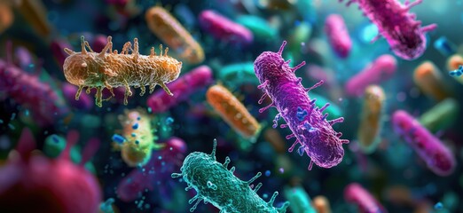 Poster - Colorful 3D rendering of bacteria in a microscopic environment with vibrant details