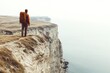 © HO - man with backpack on cliffside trail overlooking sea isolate on white background